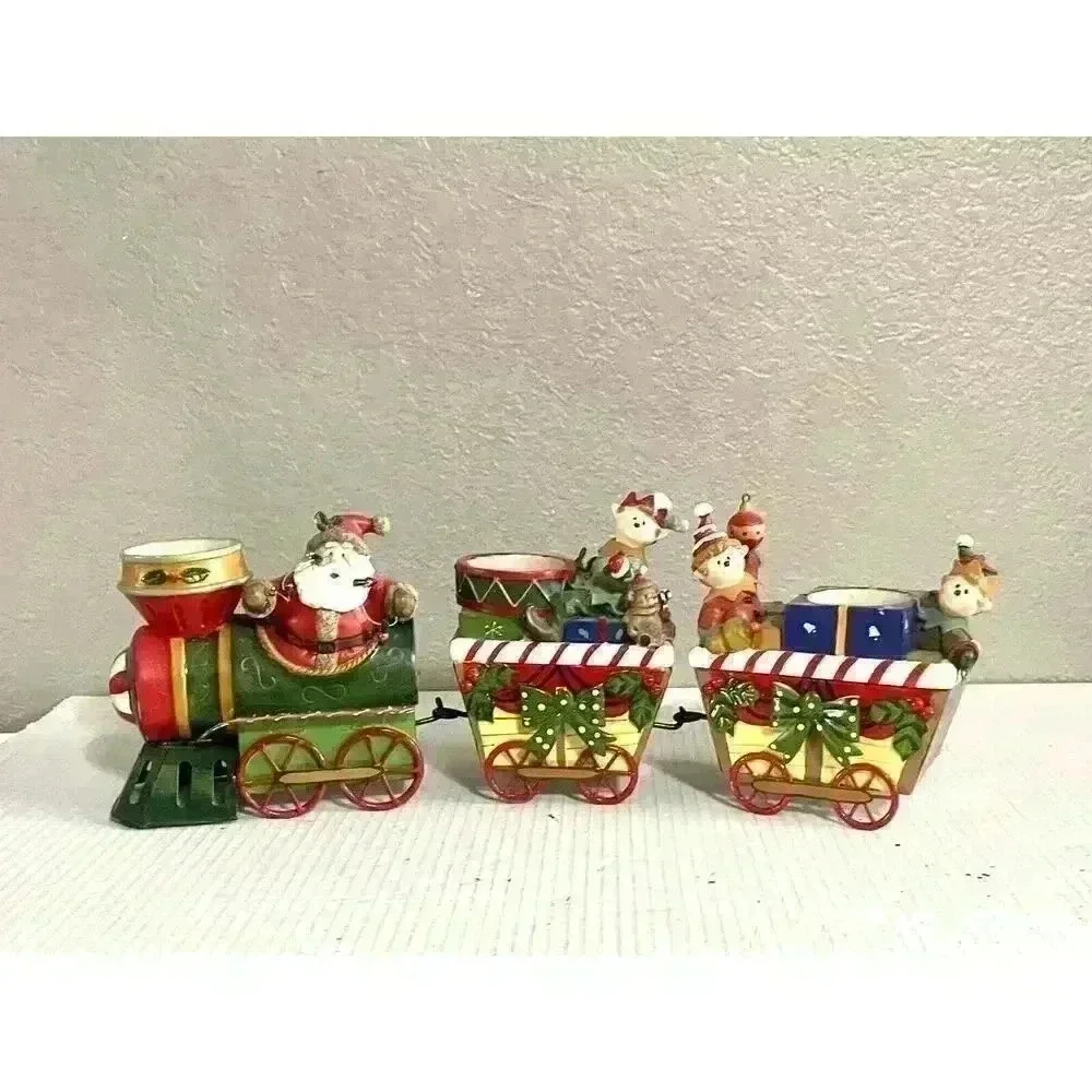 Home Interiors & Gifts Christmas Train Candle Holder Santa Elves 3 Piece VINTAGE